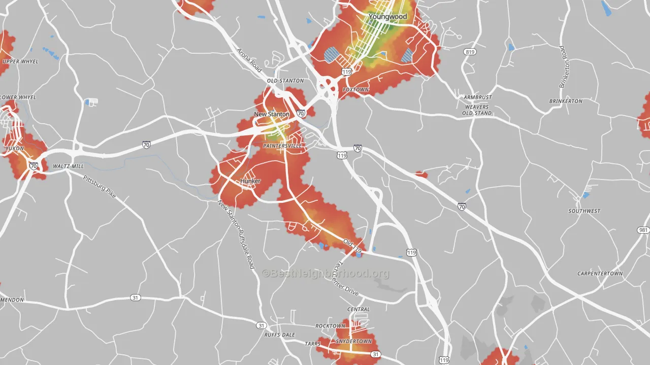 Walk Grade map of 15639, PA, walkable areas in green and car-dependent areas in red