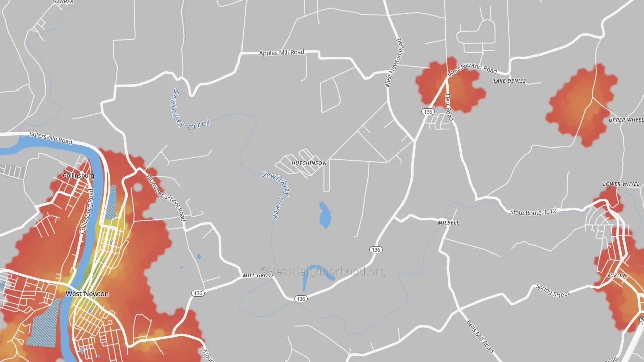 Walk Grade map of 15640, PA, walkable areas in green and car-dependent areas in red
