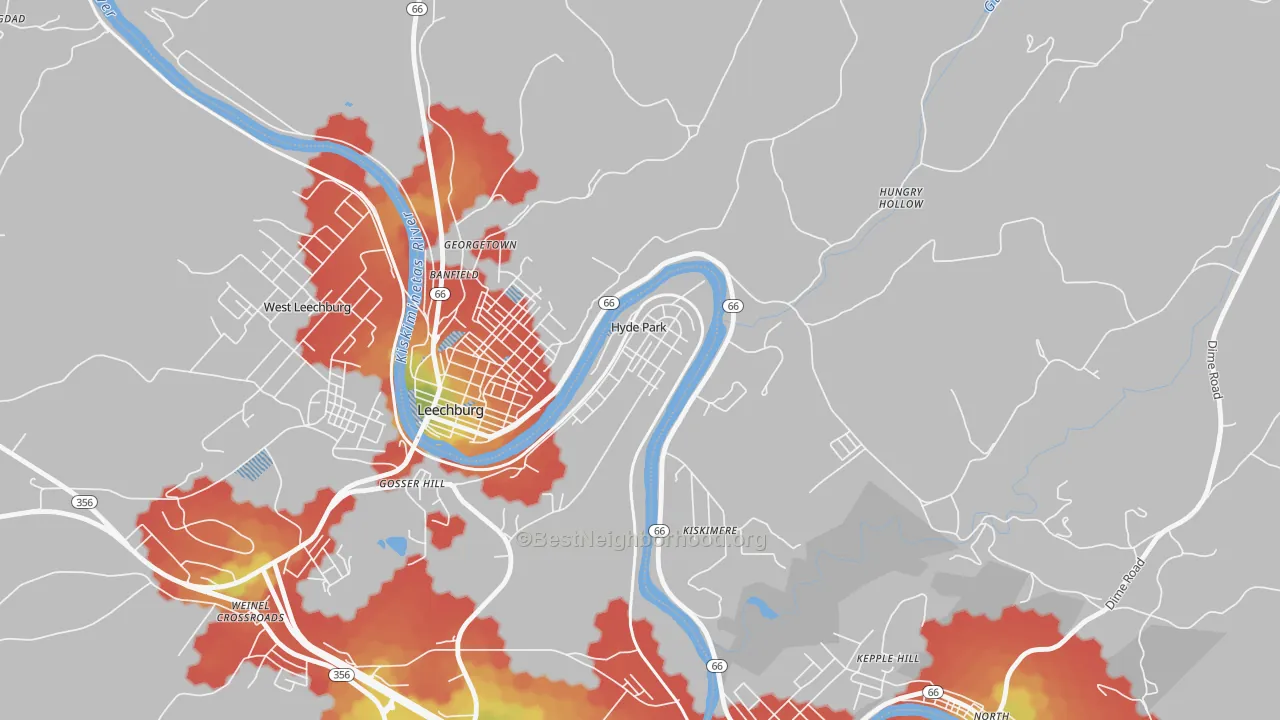 Walk Grade map of 15641, PA, walkable areas in green and car-dependent areas in red