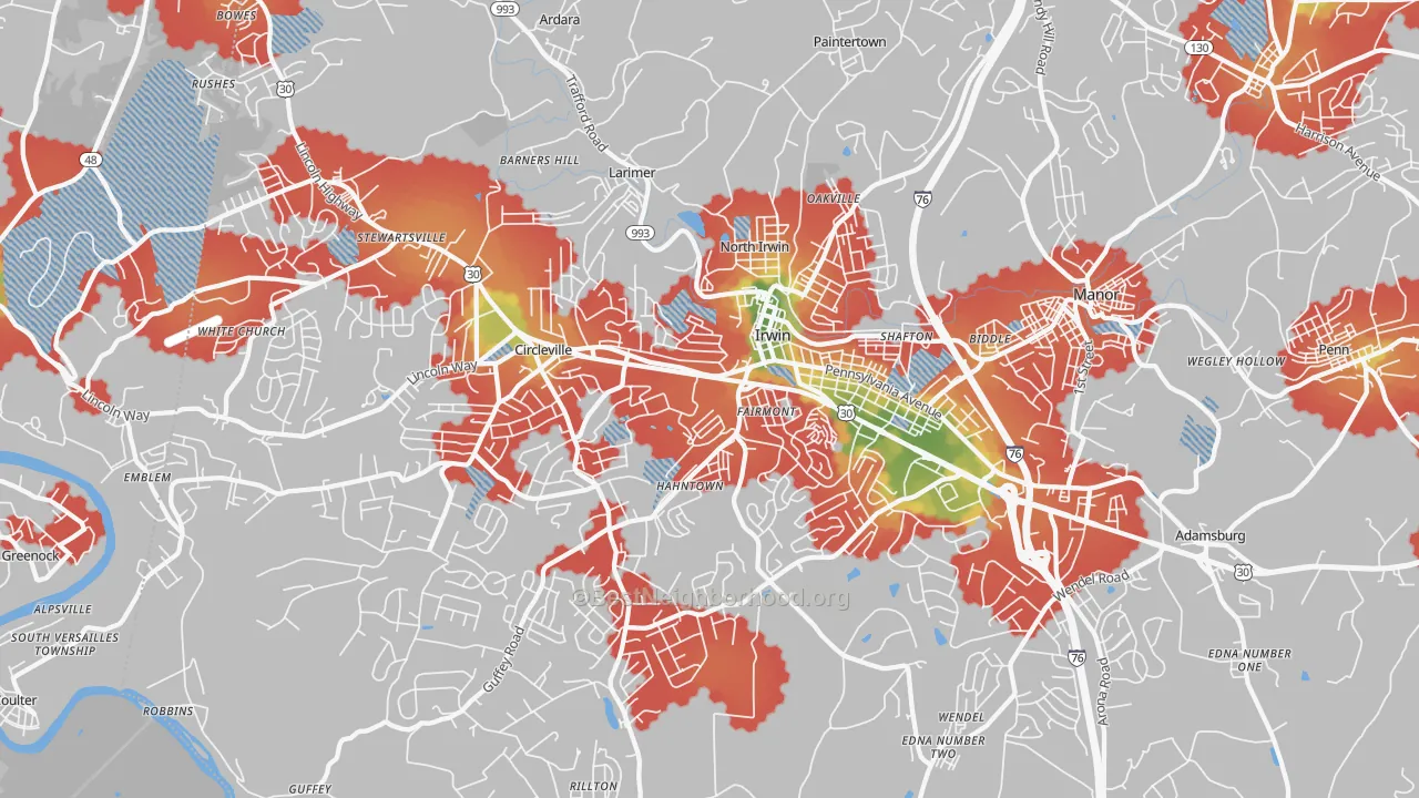 Walk Grade map of 15642, PA, walkable areas in green and car-dependent areas in red