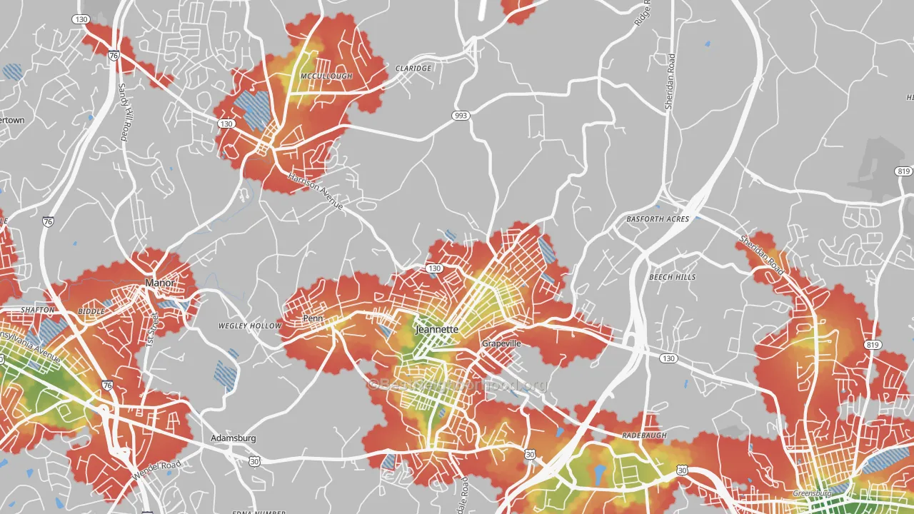 Walk Grade map of 15644, PA, walkable areas in green and car-dependent areas in red