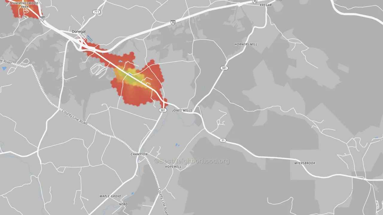 Walk Grade map of 15646, PA, walkable areas in green and car-dependent areas in red