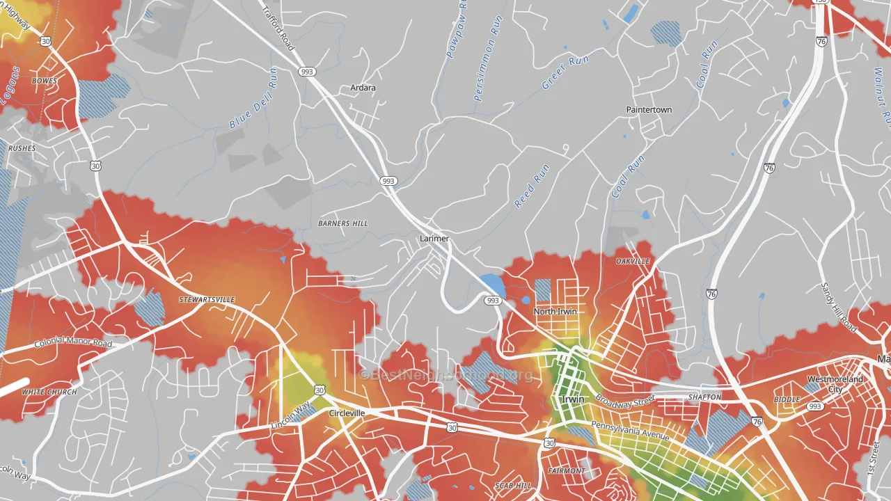 Walk Grade map of 15647, PA, walkable areas in green and car-dependent areas in red