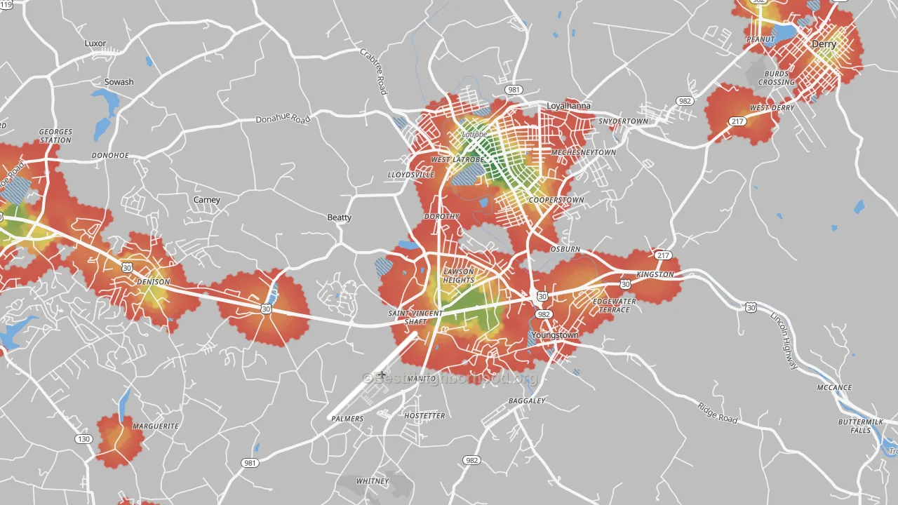 Walk Grade map of 15650, PA, walkable areas in green and car-dependent areas in red
