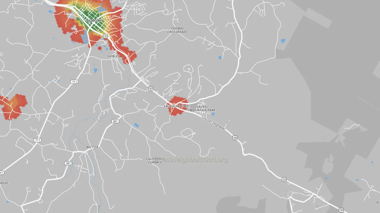 Walk Grade map of 15655, PA, walkable areas in green and car-dependent areas in red