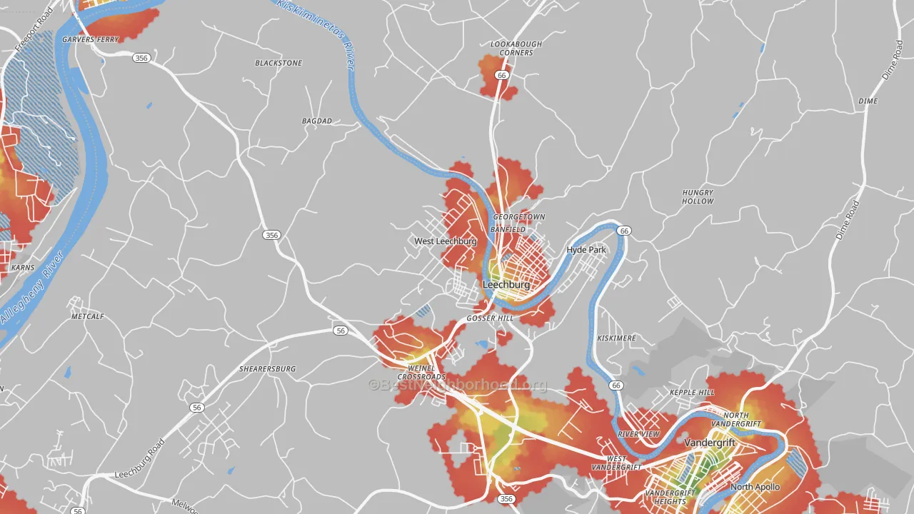 Walk Grade map of 15656, PA, walkable areas in green and car-dependent areas in red