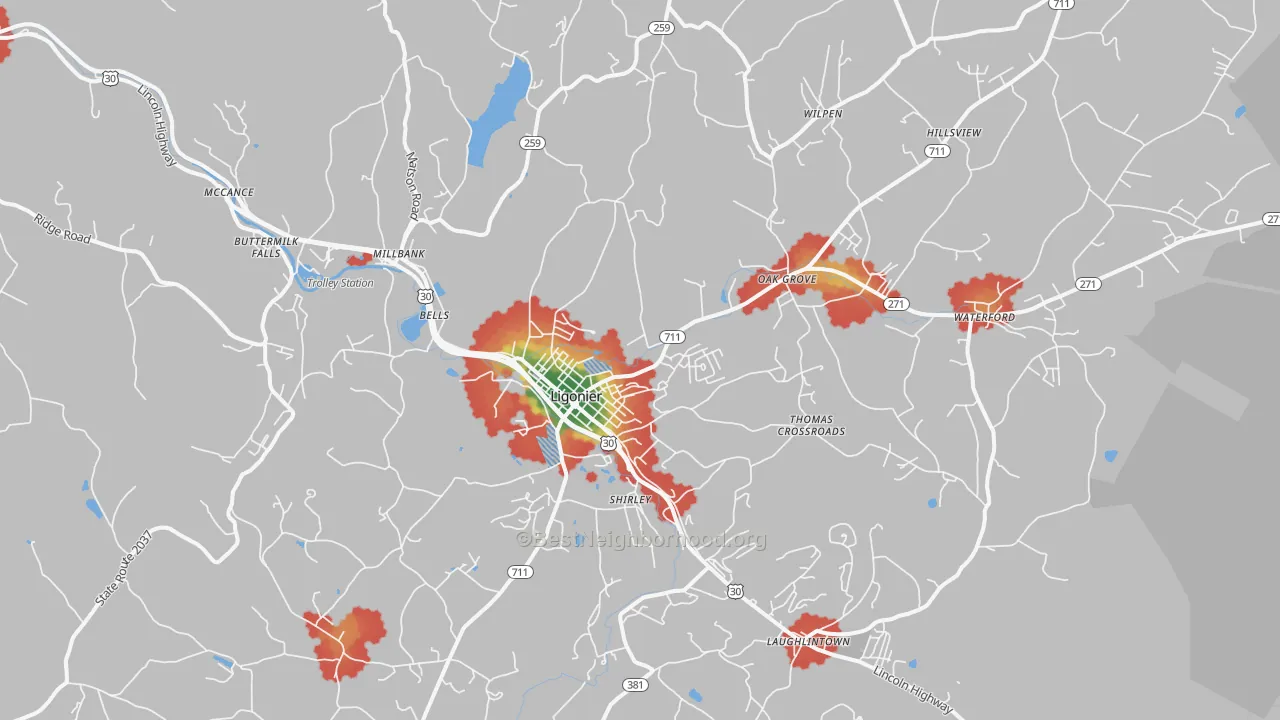 Walk Grade map of 15658, PA, walkable areas in green and car-dependent areas in red