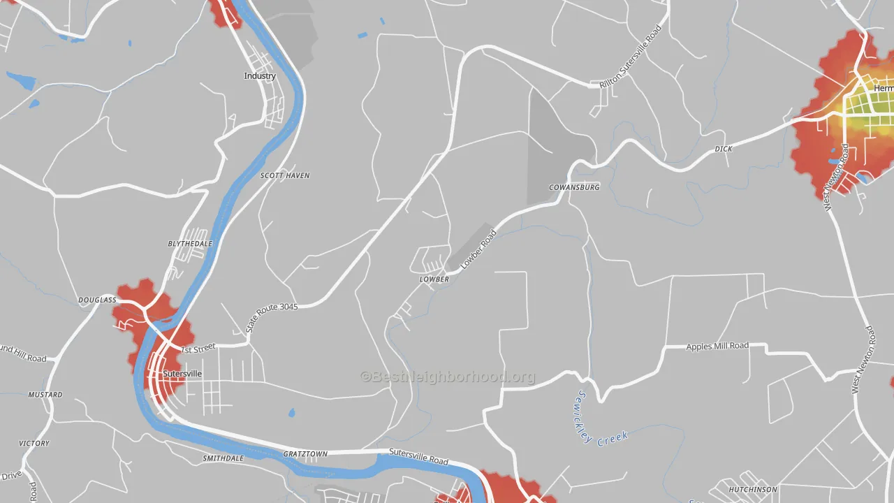 Walk Grade map of 15660, PA, walkable areas in green and car-dependent areas in red