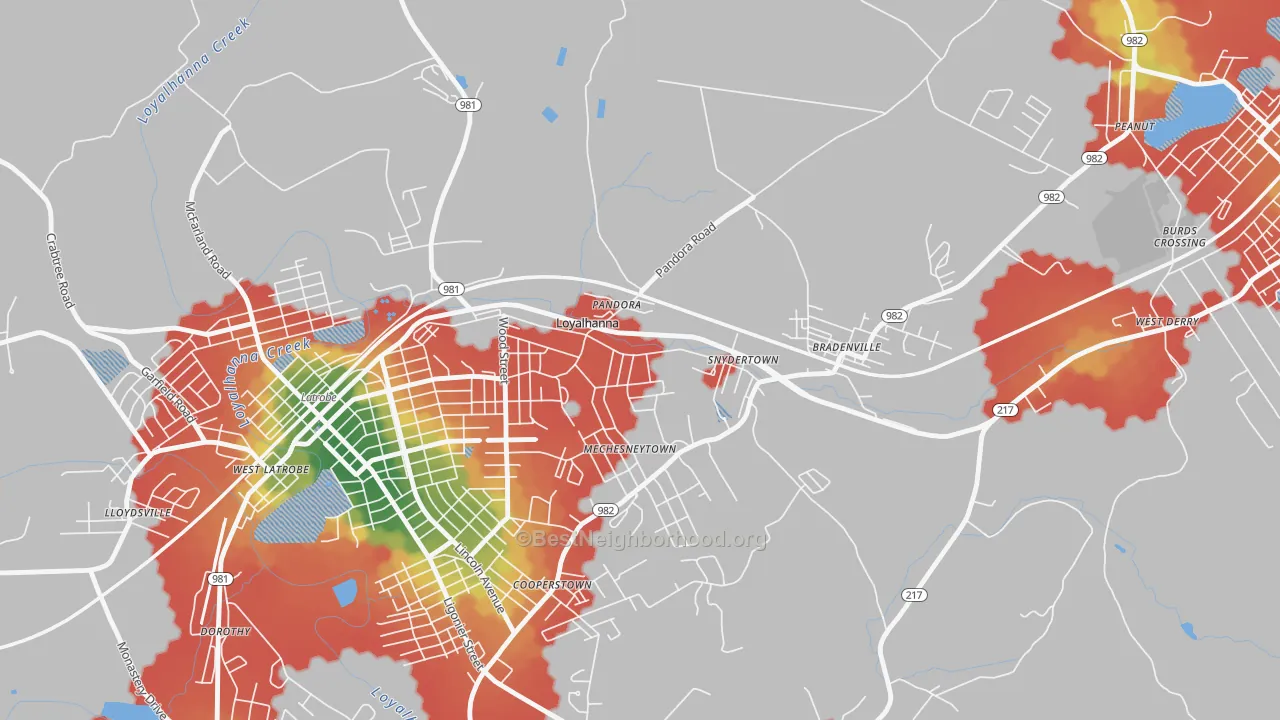 Walk Grade map of 15661, PA, walkable areas in green and car-dependent areas in red