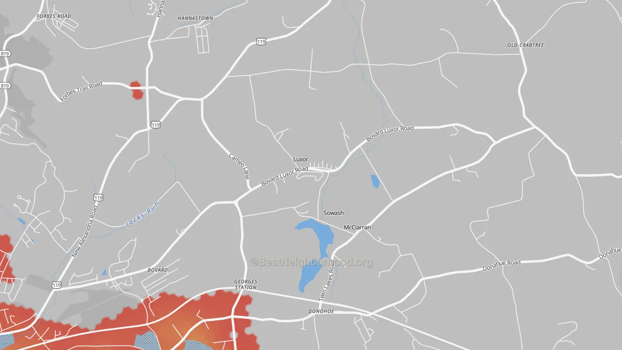 Walk Grade map of 15662, PA, walkable areas in green and car-dependent areas in red