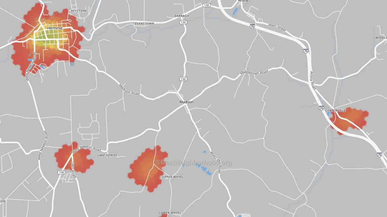Walk Grade map of 15663, PA, walkable areas in green and car-dependent areas in red