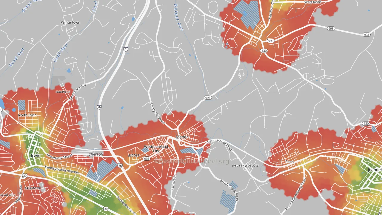 Walk Grade map of 15665, PA, walkable areas in green and car-dependent areas in red