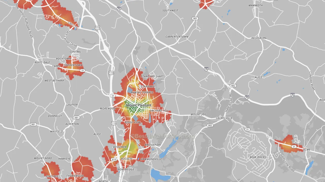 Walk Grade map of 15666, PA, walkable areas in green and car-dependent areas in red