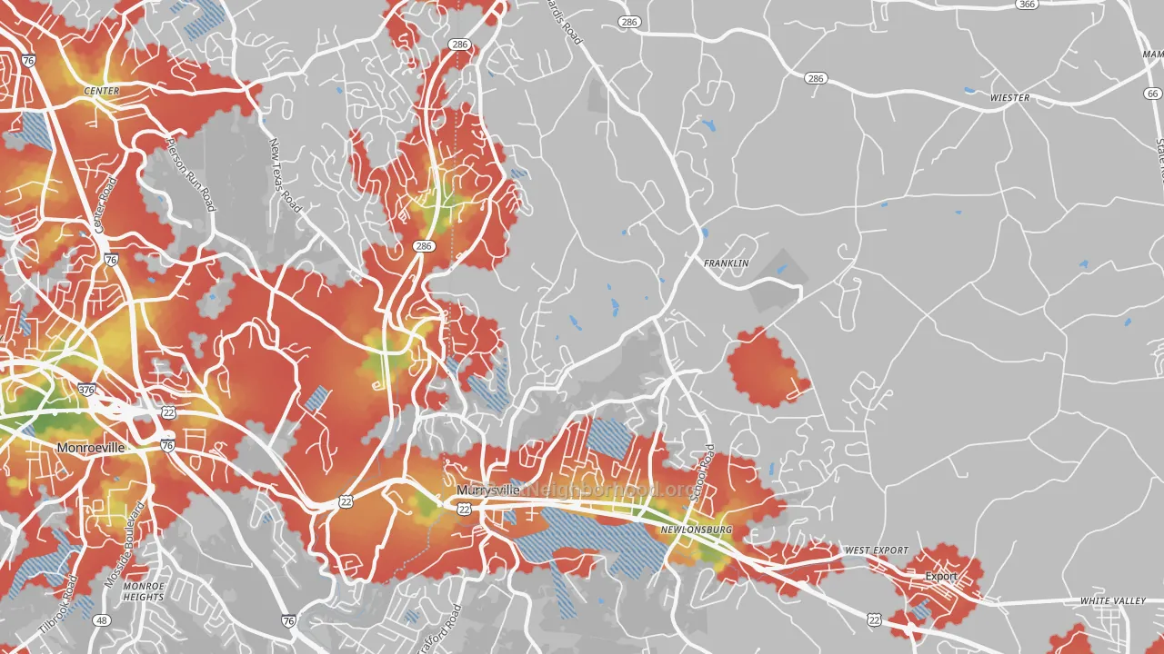 Walk Grade map of 15668, PA, walkable areas in green and car-dependent areas in red
