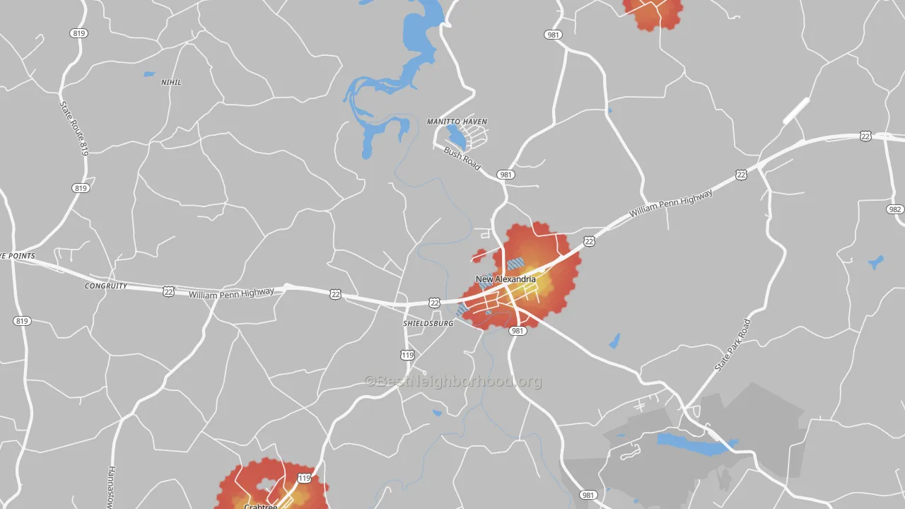 Walk Grade map of 15670, PA, walkable areas in green and car-dependent areas in red
