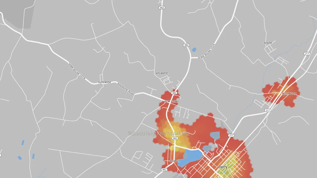 Walk Grade map of 15671, PA, walkable areas in green and car-dependent areas in red
