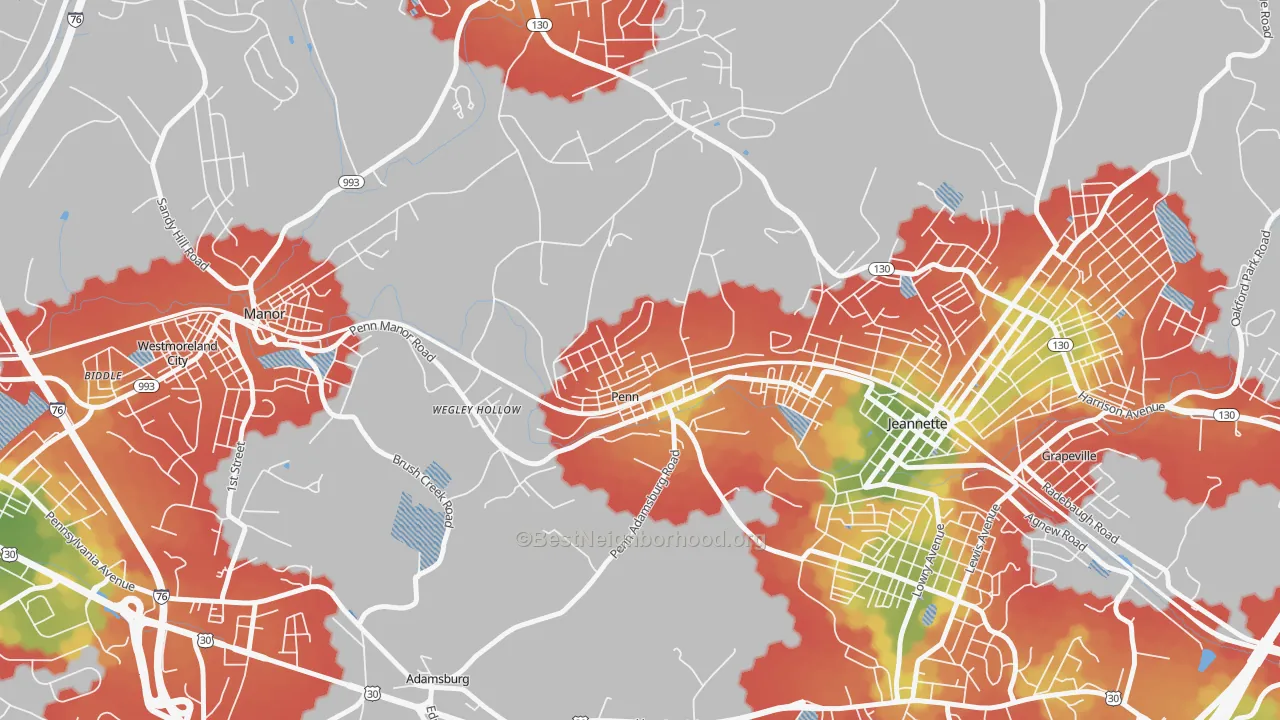 Walk Grade map of 15675, PA, walkable areas in green and car-dependent areas in red