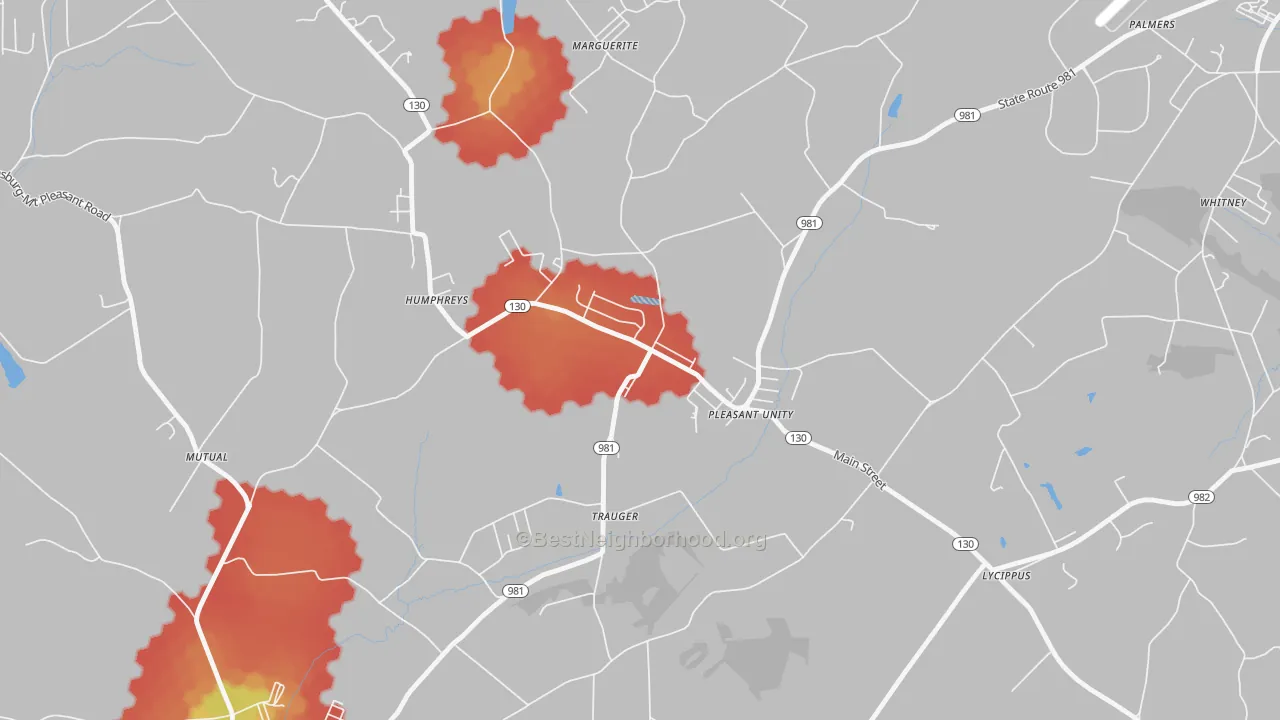 Walk Grade map of 15676, PA, walkable areas in green and car-dependent areas in red
