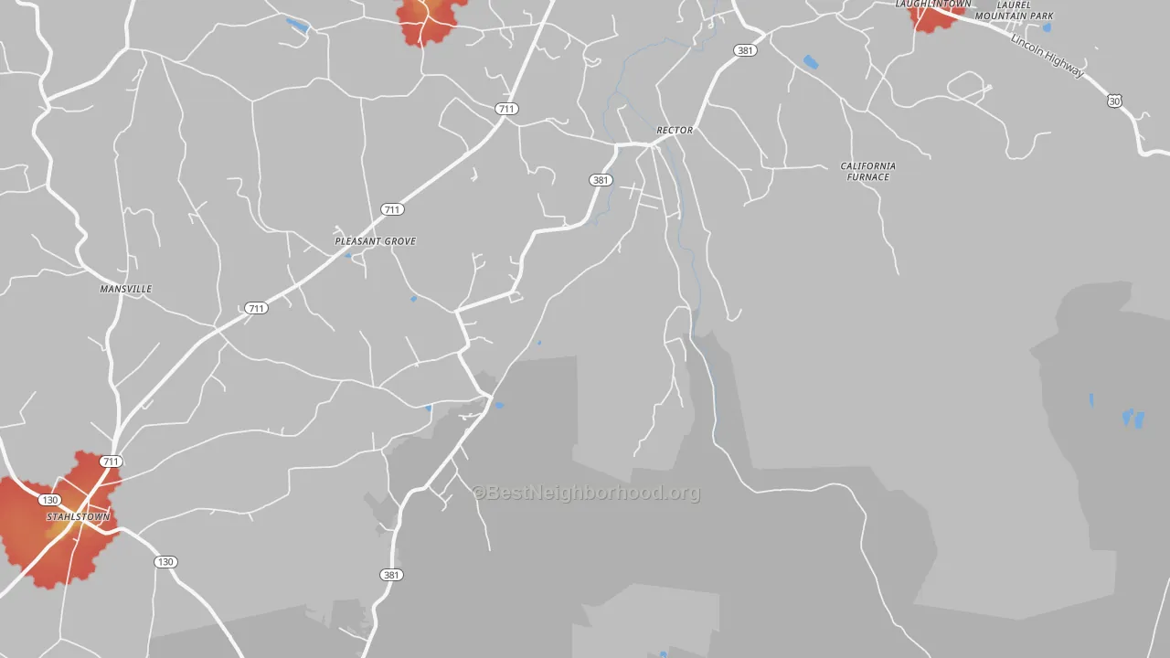 Walk Grade map of 15677, PA, walkable areas in green and car-dependent areas in red