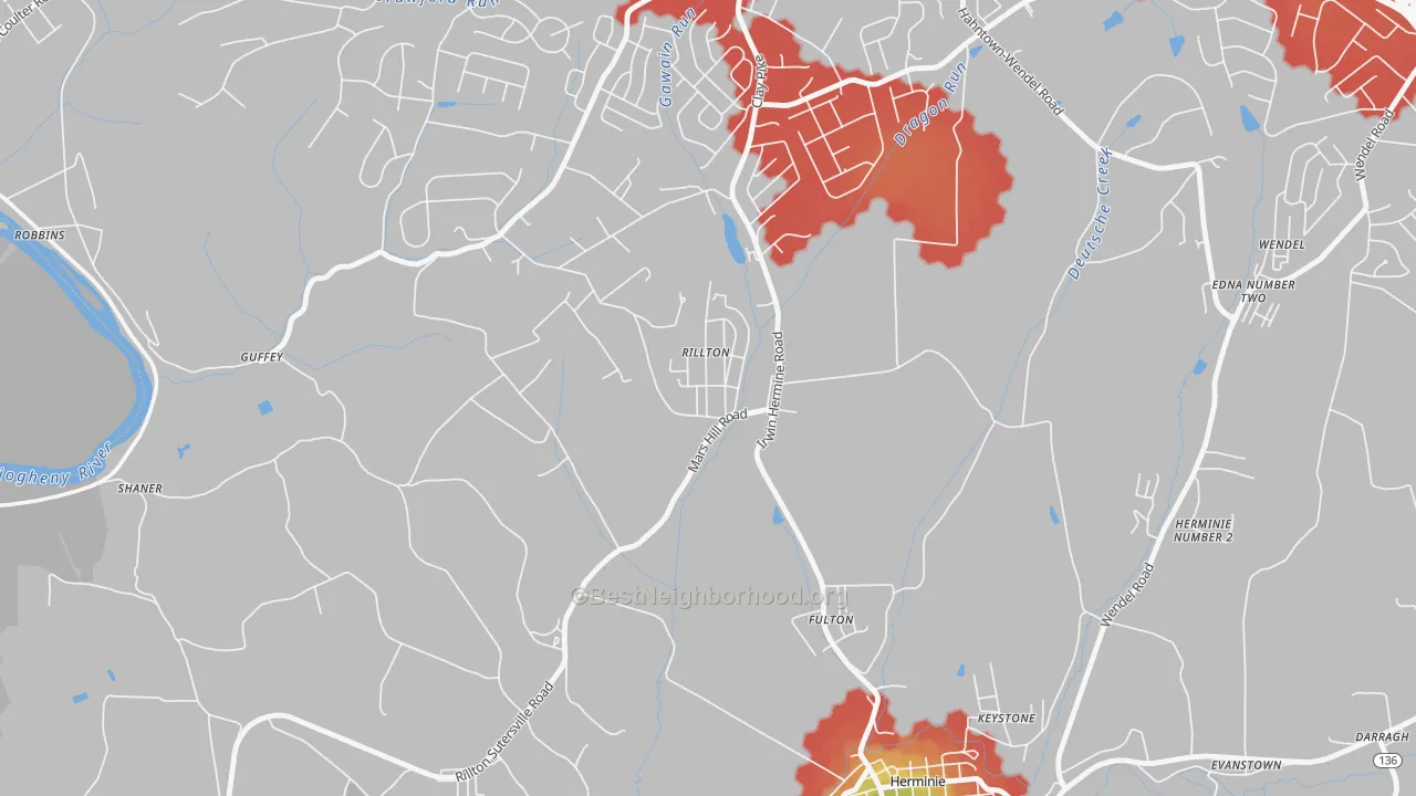 Walk Grade map of 15678, PA, walkable areas in green and car-dependent areas in red