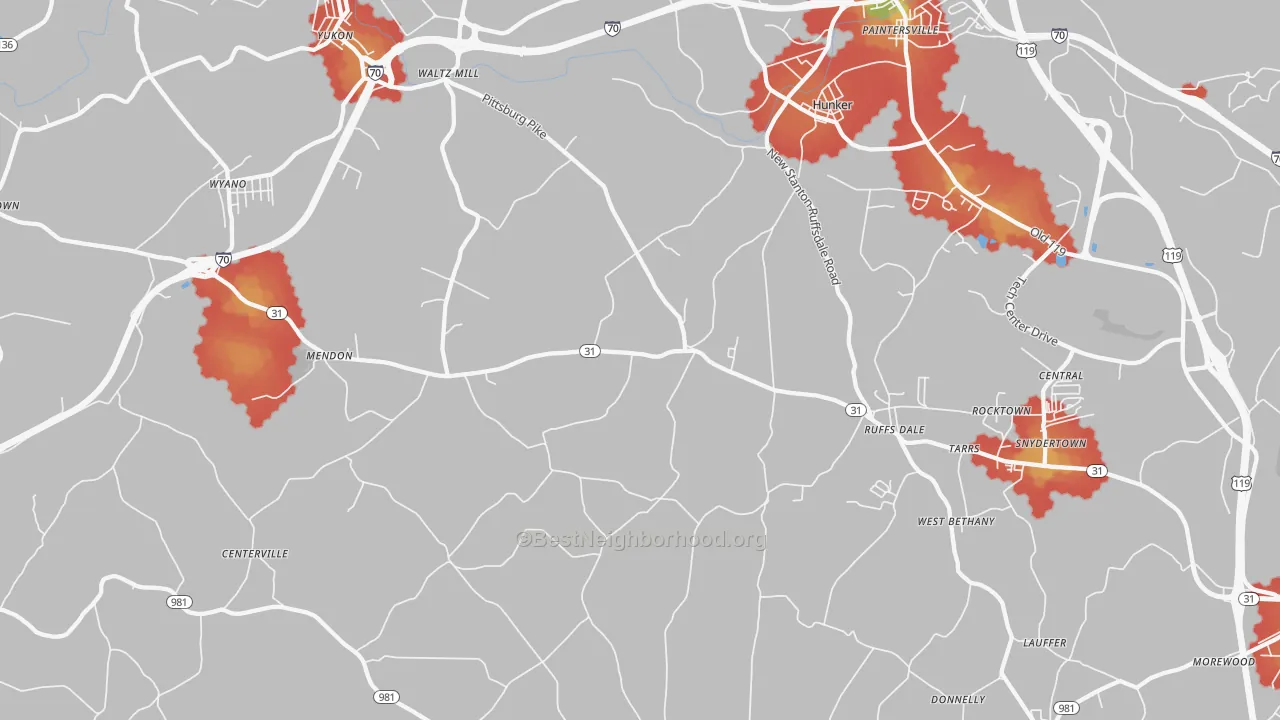 Walk Grade map of 15679, PA, walkable areas in green and car-dependent areas in red