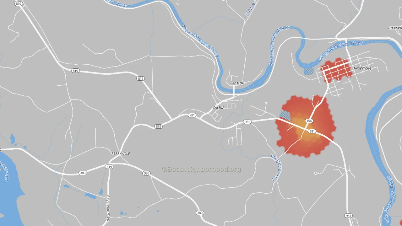 Walk Grade map of 15680, PA, walkable areas in green and car-dependent areas in red