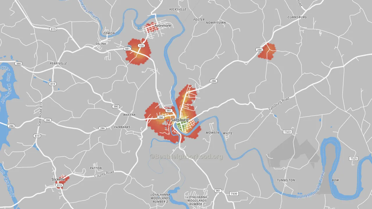 Walk Grade map of 15681, PA, walkable areas in green and car-dependent areas in red