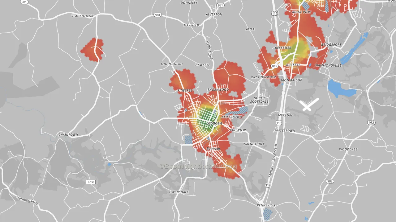 Walk Grade map of 15683, PA, walkable areas in green and car-dependent areas in red