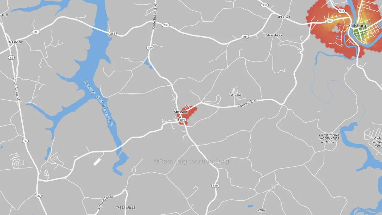 Walk Grade map of 15684, PA, walkable areas in green and car-dependent areas in red
