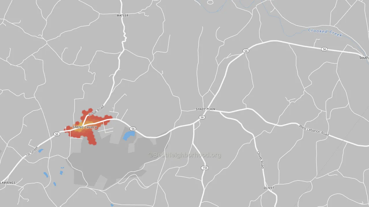 Walk Grade map of 15686, PA, walkable areas in green and car-dependent areas in red