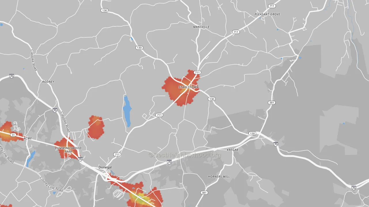 Walk Grade map of 15687, PA, walkable areas in green and car-dependent areas in red