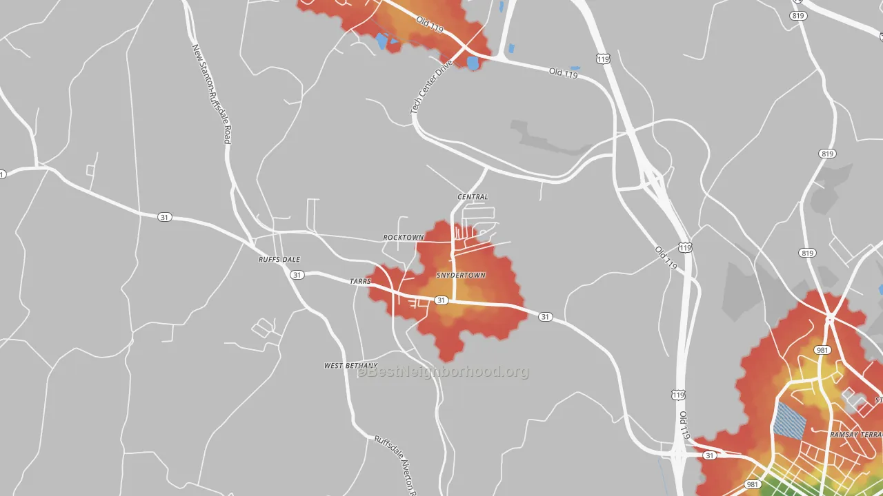 Walk Grade map of 15688, PA, walkable areas in green and car-dependent areas in red
