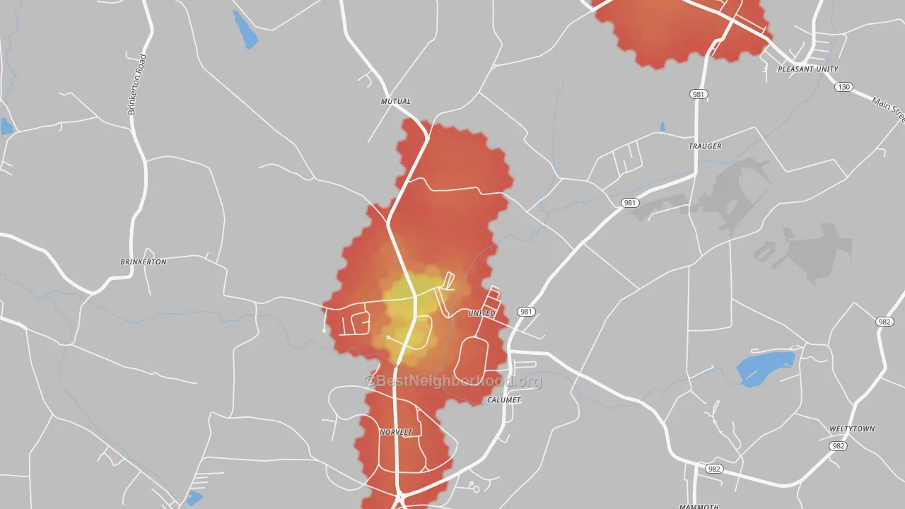 Walk Grade map of 15689, PA, walkable areas in green and car-dependent areas in red