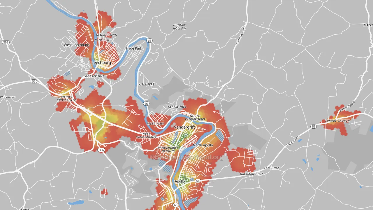 Walk Grade map of 15690, PA, walkable areas in green and car-dependent areas in red