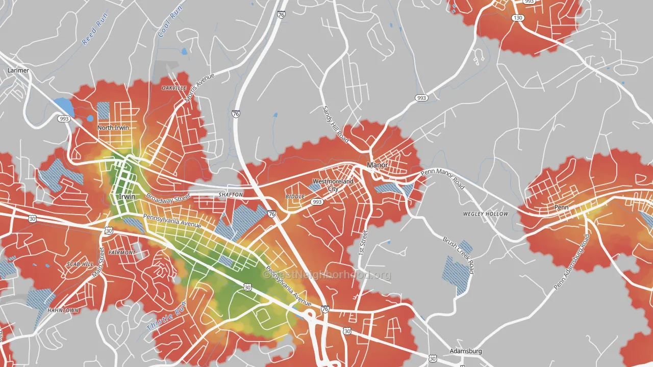 Walk Grade map of 15692, PA, walkable areas in green and car-dependent areas in red