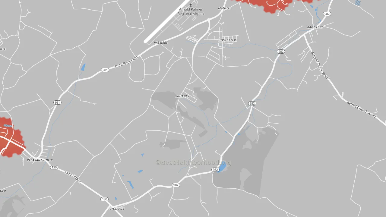 Walk Grade map of 15693, PA, walkable areas in green and car-dependent areas in red
