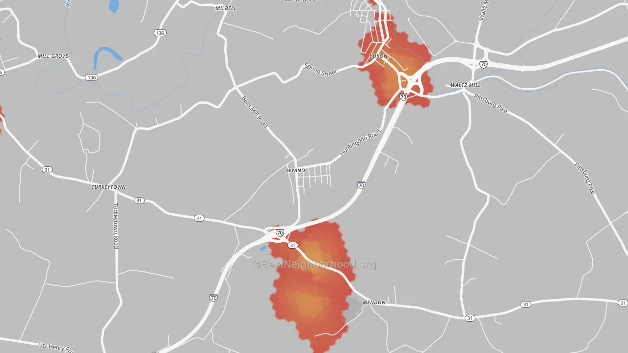Walk Grade map of 15695, PA, walkable areas in green and car-dependent areas in red