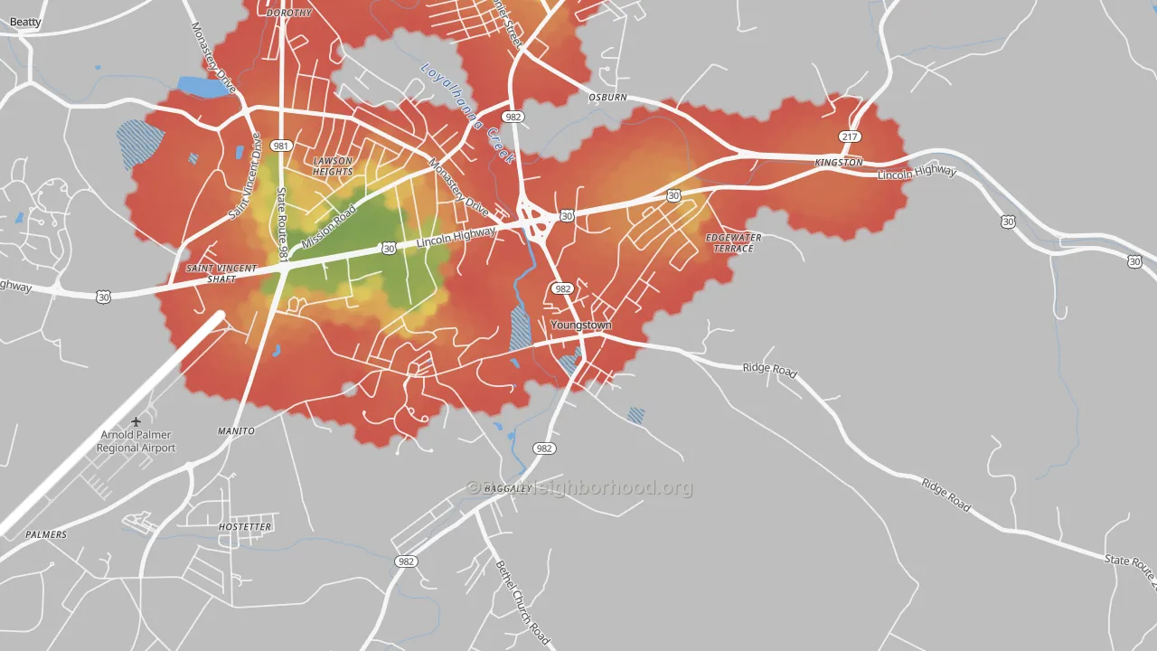 Walk Grade map of 15696, PA, walkable areas in green and car-dependent areas in red