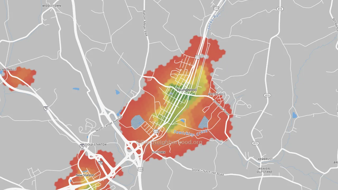 Walk Grade map of 15697, PA, walkable areas in green and car-dependent areas in red