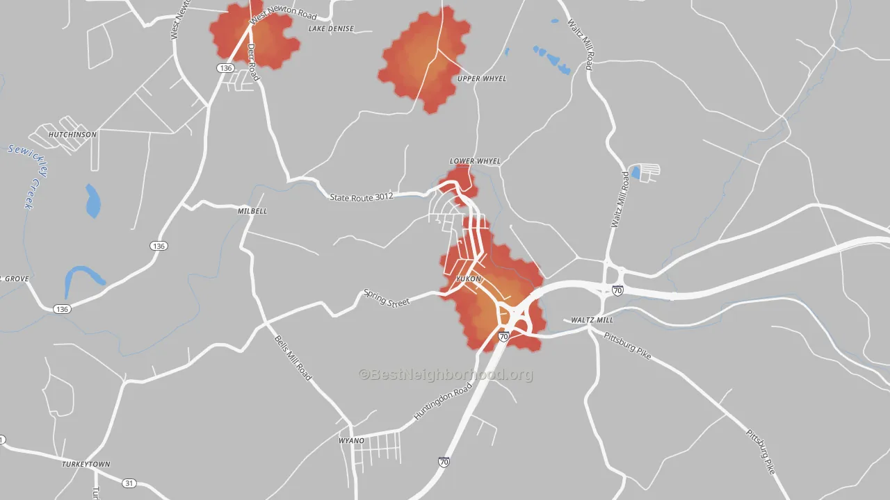 Walk Grade map of 15698, PA, walkable areas in green and car-dependent areas in red