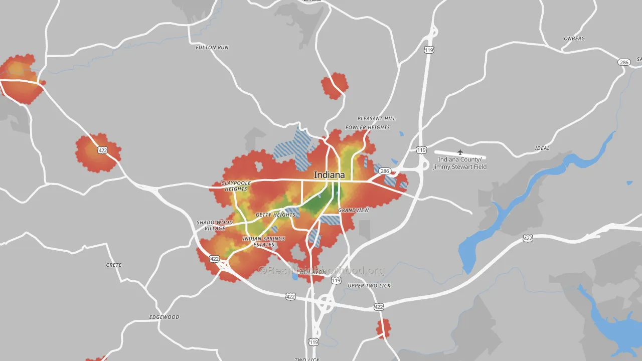 Walk Grade map of 15701, PA, walkable areas in green and car-dependent areas in red