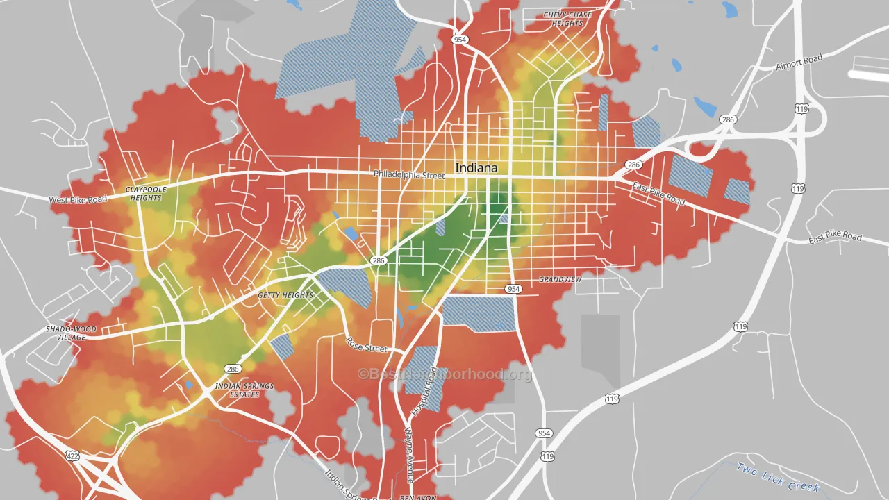Walk Grade map of 15705, PA, walkable areas in green and car-dependent areas in red