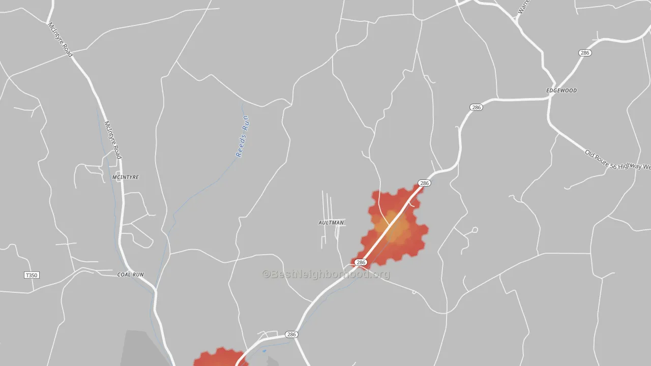 Walk Grade map of 15713, PA, walkable areas in green and car-dependent areas in red