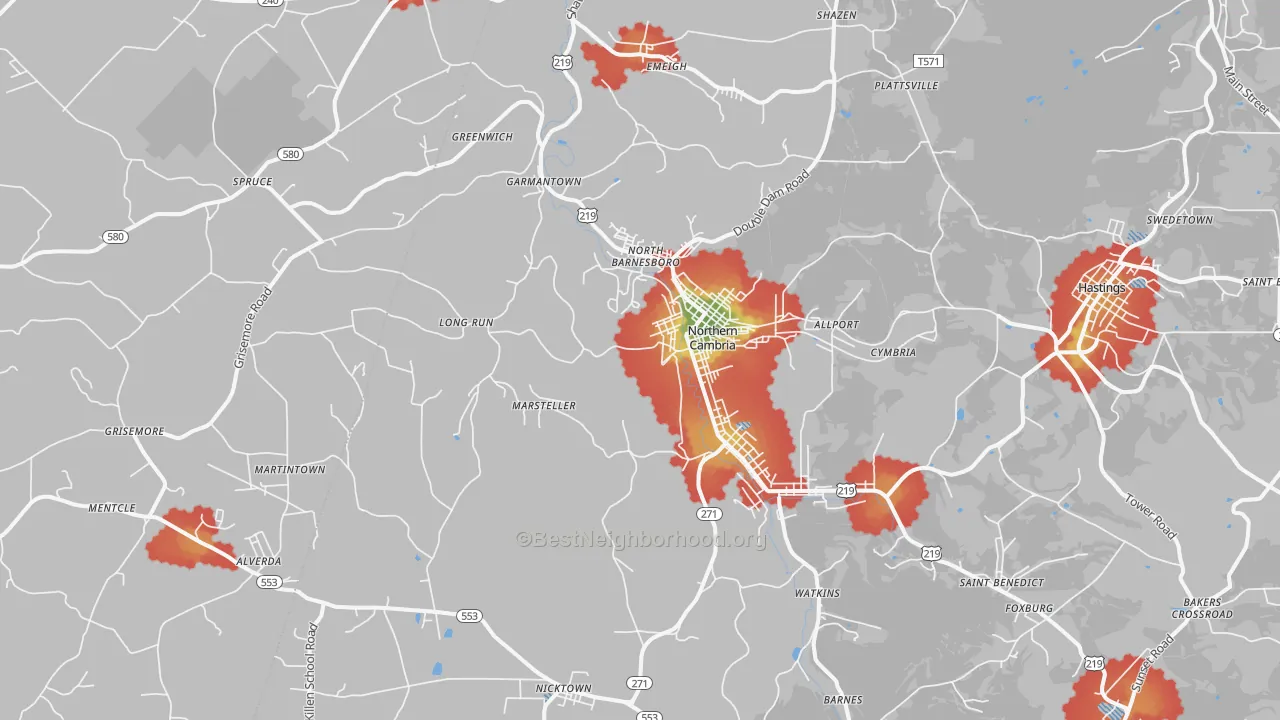 Walk Grade map of 15714, PA, walkable areas in green and car-dependent areas in red