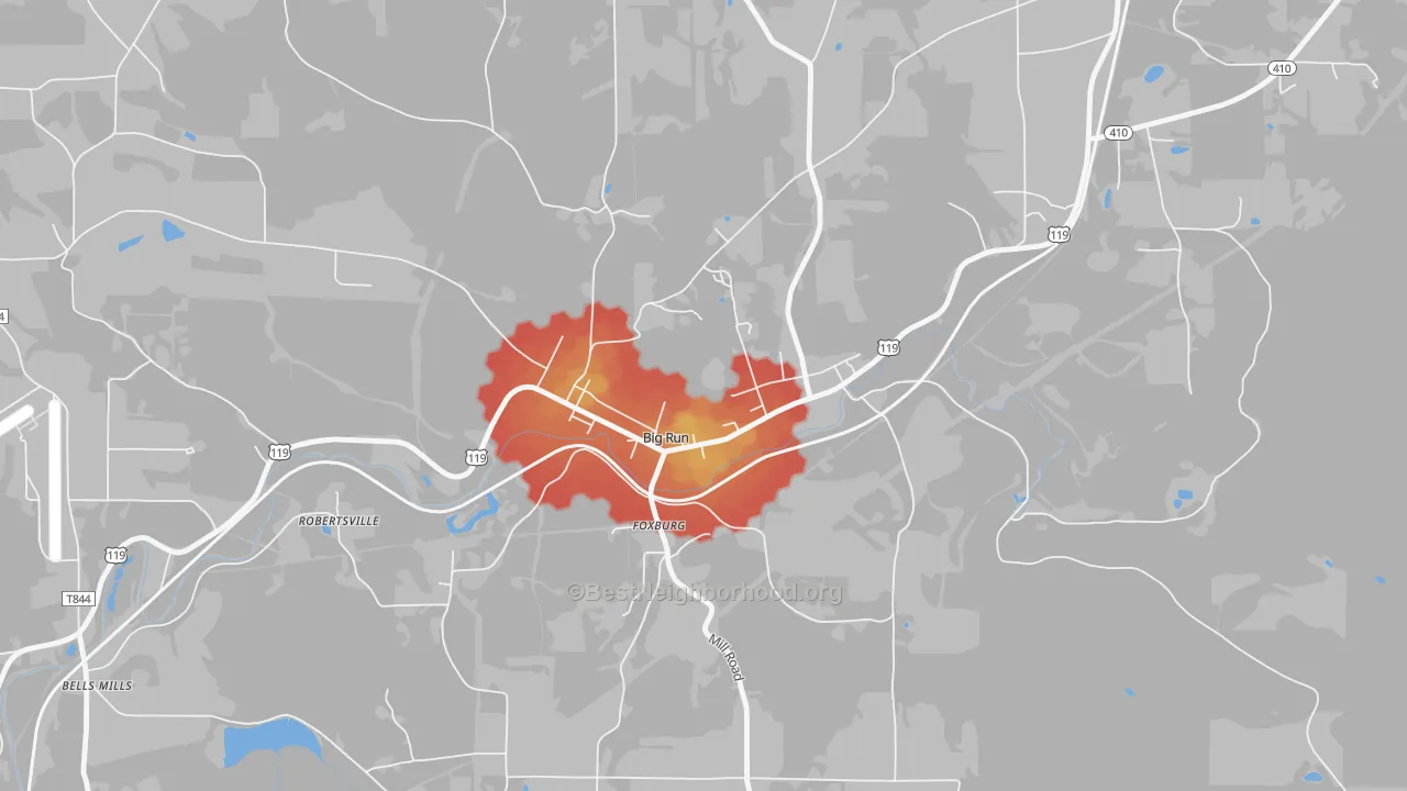Walk Grade map of 15715, PA, walkable areas in green and car-dependent areas in red