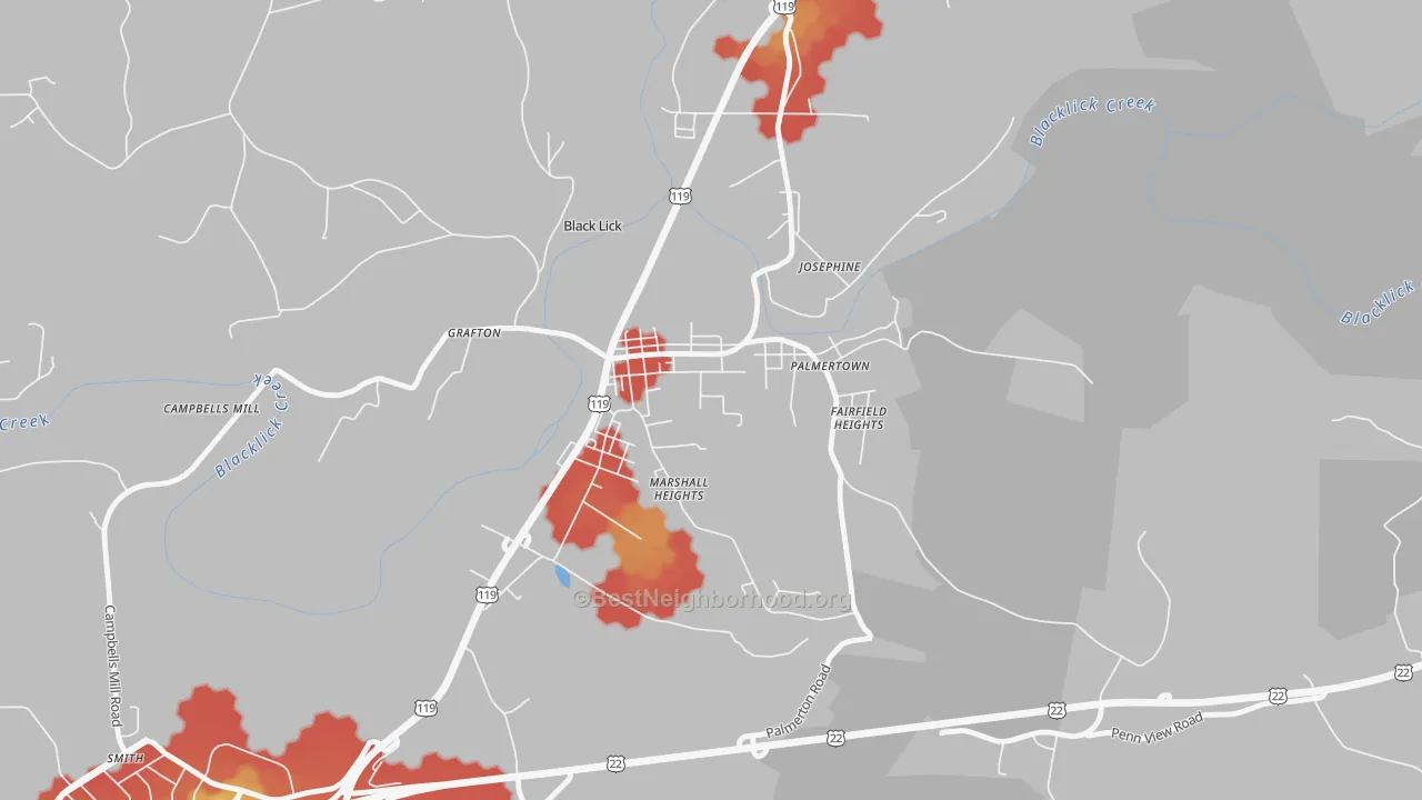 Walk Grade map of 15716, PA, walkable areas in green and car-dependent areas in red