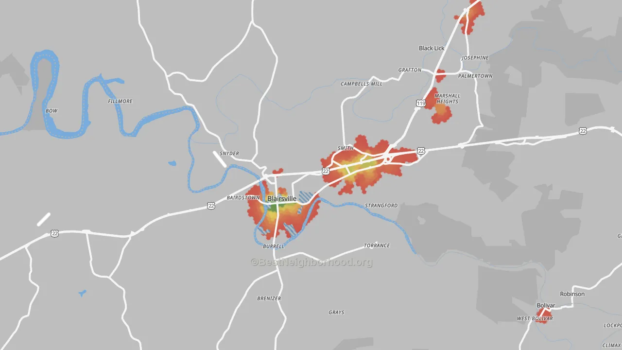 Walk Grade map of 15717, PA, walkable areas in green and car-dependent areas in red