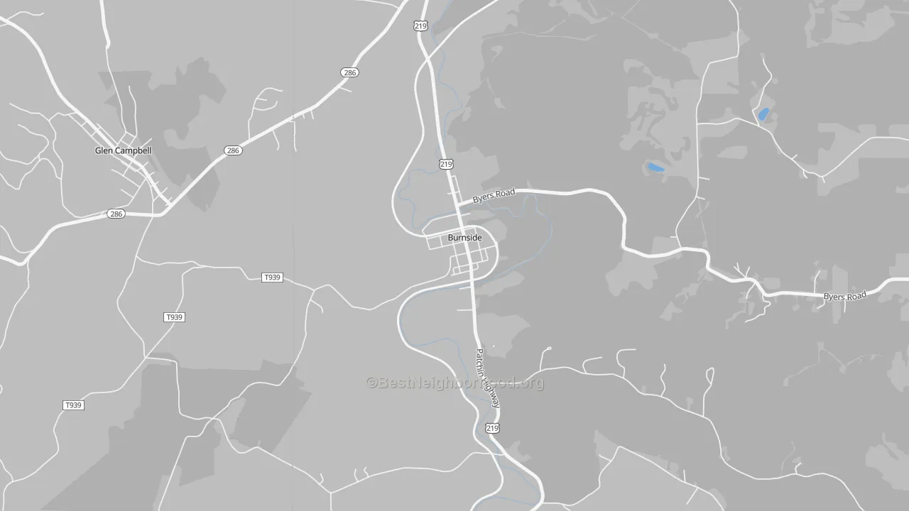 Walk Grade map of 15721, PA, walkable areas in green and car-dependent areas in red