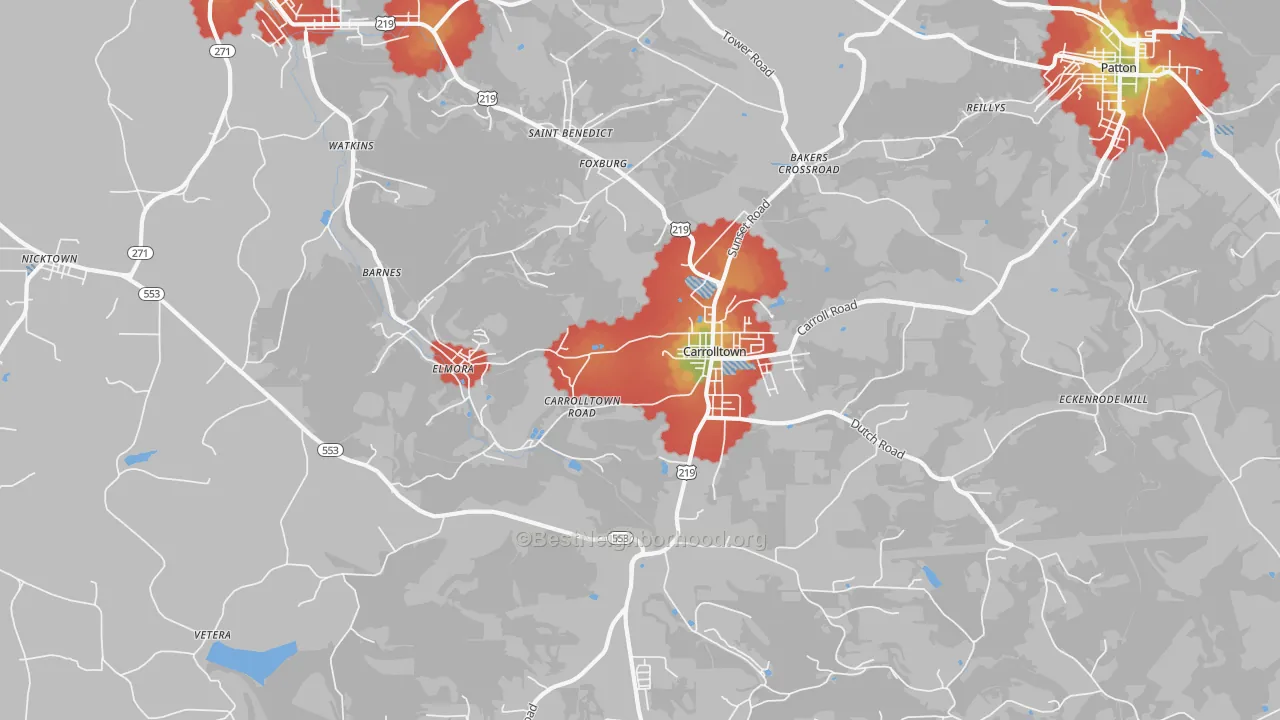 Walk Grade map of 15722, PA, walkable areas in green and car-dependent areas in red