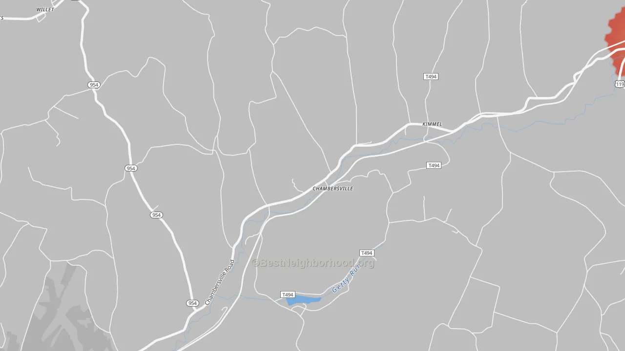 Walk Grade map of 15723, PA, walkable areas in green and car-dependent areas in red